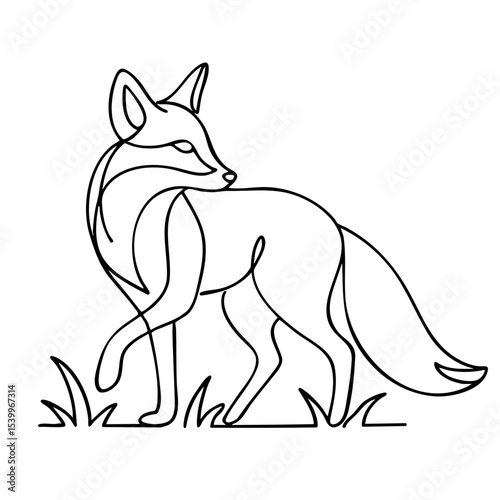 Vector line art of a fox in alert stance, woodland animal drawn in minimal sketch style