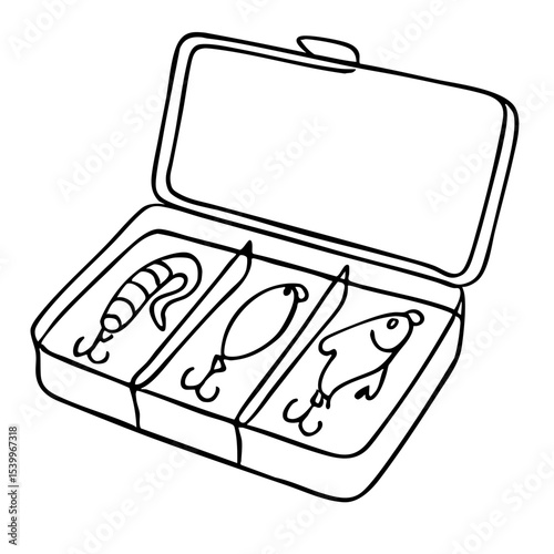 Vector line art of a fishing tackle box with assorted lures, open case sketch illustration