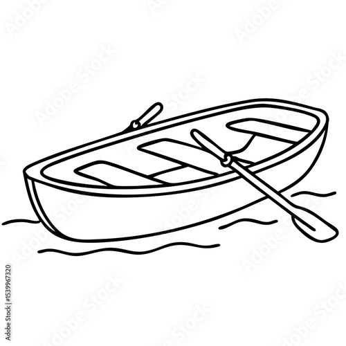Vector line art of a rowboat with oars floating on water, simple boating illustration