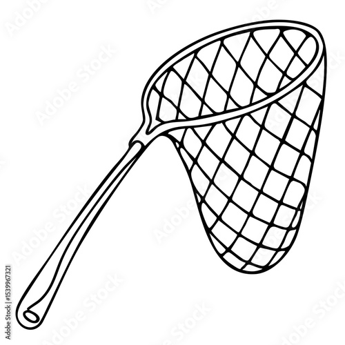 Vector line art of a fishing landing net with mesh, tool for catching fish sketch