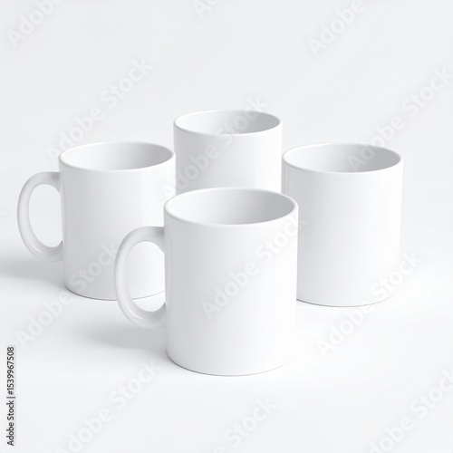A set of four plain white mugs perfect for customization or showcasing a beverage. Ideal for coffee or tea.