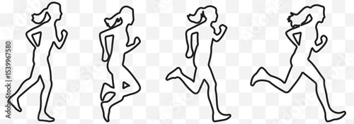 Collection of black silhouettes depicting women running in various athletic poses. eps 10