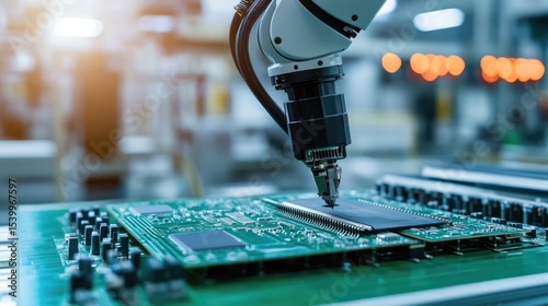 Close-up of a robotic arm precisely placing a component onto a circuit board in a high-tech manufacturing environment.