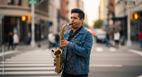 Saxophonist serenades city street with soulful tune