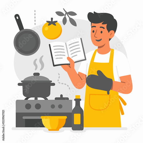 Flat Design vector Illustration of a Man Cooking at Home with a Cookbook, Oven Mitt, and Stove Surrounded by Kitchen Items