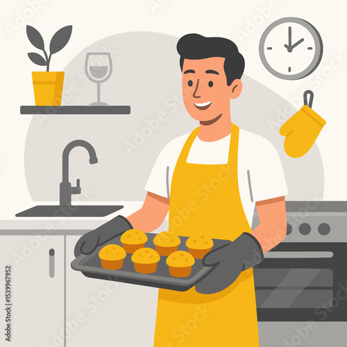 Flat Style Vector Illustration of a Smiling man Baking and Decorating Cup Cake at Home with Whipped Cream and Kitchen Utensils