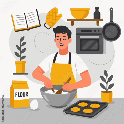 Flat Style Vector Illustration of a Smiling man Baking and Decorating Cup Cake at Home with Whipped Cream and Kitchen Utensils