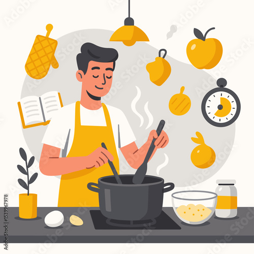 Flat Design vector Illustration of a Man Cooking at Home with a Cookbook, Oven Mitt, and Stove Surrounded by Kitchen Items