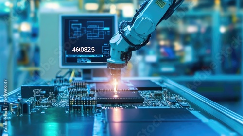 Close-up of a robotic arm precisely placing a component onto a circuit board in a high-tech manufacturing environment.