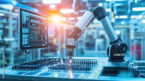 Close-up of a robotic arm precisely placing a component onto a circuit board in a high-tech manufacturing environment.