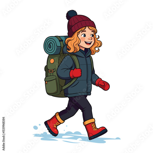 Cute Backpacker Prepared for Cold Weather Adventure in winter and christmas season