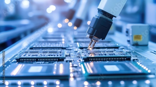 Close-up of a robotic arm precisely placing a component onto a circuit board in a high-tech manufacturing environment.