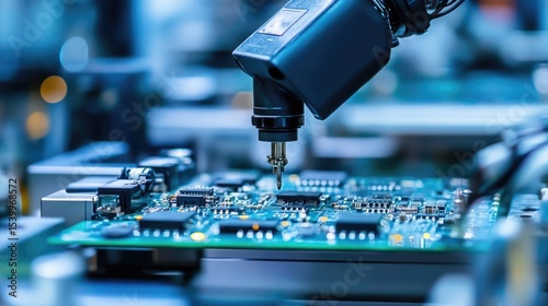 Close-up of a robotic arm precisely placing a component onto a circuit board in a high-tech manufacturing environment.