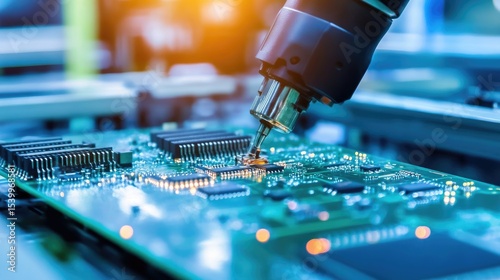 Close-up of a robotic arm precisely placing a component onto a circuit board in a high-tech manufacturing environment.