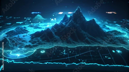 Abstract technology over a blue mountain landscape with data connection