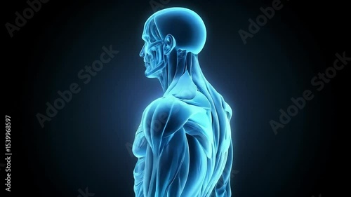 a 3D rendered illustration of a human body with a shoulder and chest, illuminated by a blue light, digital healthcare