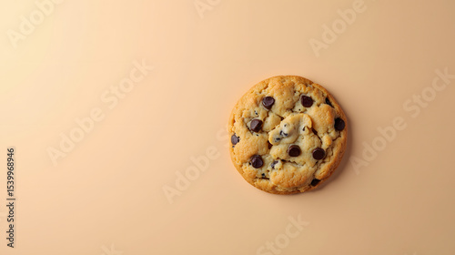 A cookie with chocolate chips on a soft tan background.