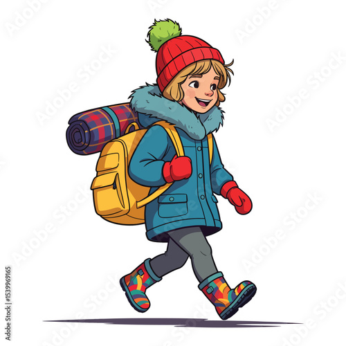 Cute Backpacker Prepared for Cold Weather Adventure character illustration