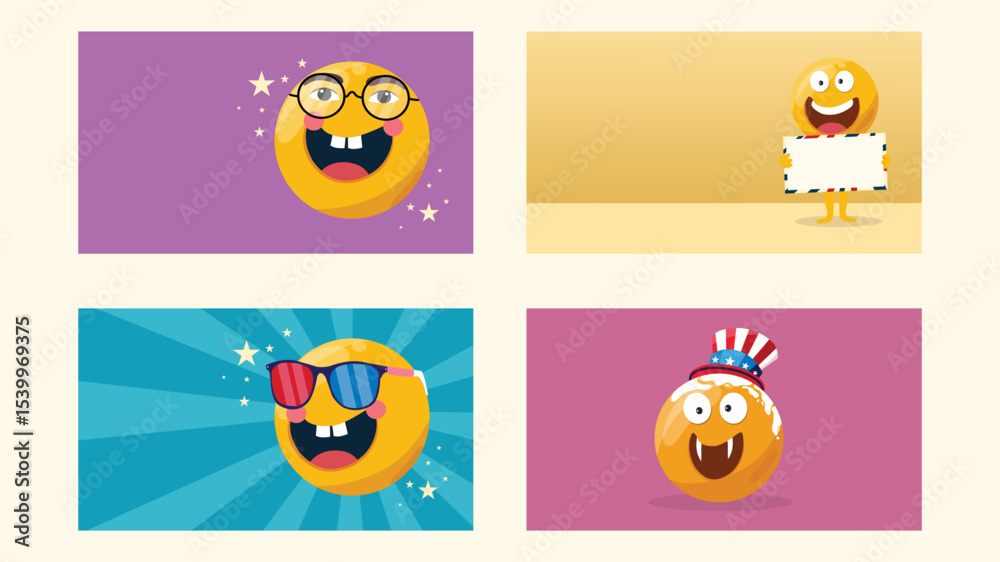 Fototapeta premium A 2x2 grid of different emoji characters with props and vibrant background squares