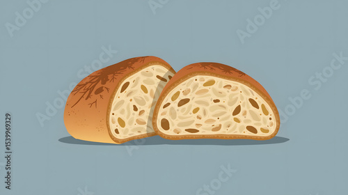 A loaf of sourdough cut in half on a muted blue background.