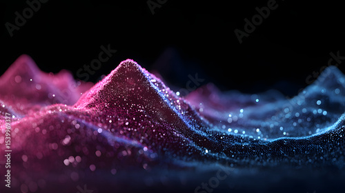 Glowing 3D abstract landscape of pink and blue particles forming digital waves and peaks on a dark background. photo
