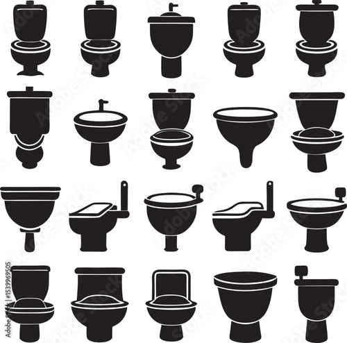 This collection of black and white images depicts various styles of toilet/commodes with multiple drawers and decorative elements.