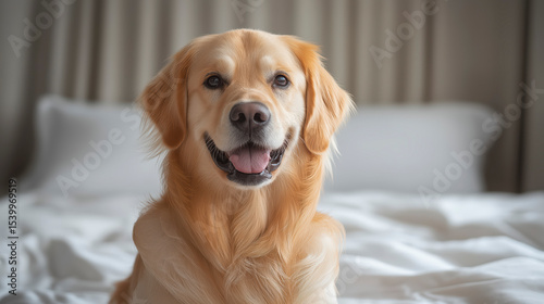 Golden Retriever Dog Smiling Comfortably on a Bed with Soft Natural Lighting