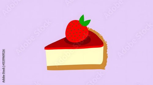 A piece of cheesecake with strawberry topping on a pale lavender background.
