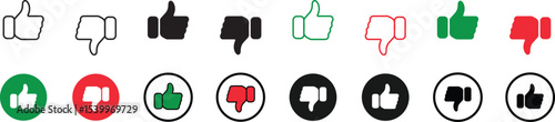 Set of Like, Dislike & l Thumbs up Icons , Feedback & Rating Symbol Set  in outline, green, black and red , vector illustration . 
