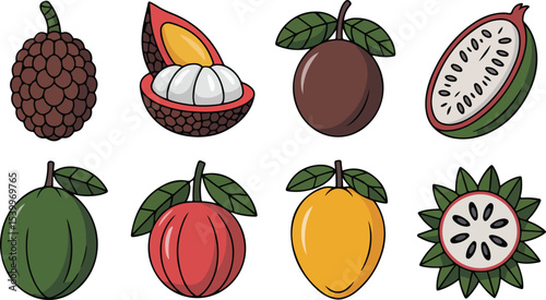 Exotic Fruits Icons Featuring a whole rambutan, halved rambutan,a halved granadilla, whole cherimoya, whole guava, whole loquat, whole soursop