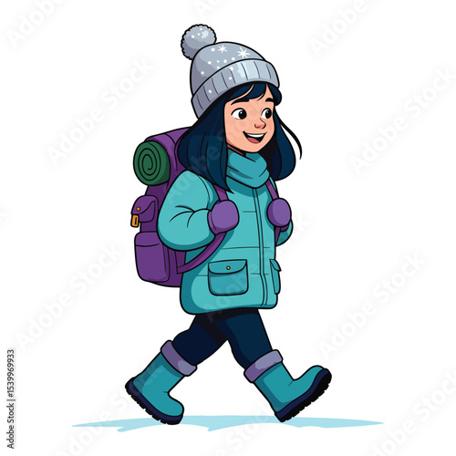 Cute Backpacker Prepared for Cold Weather Adventure character illustration