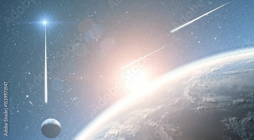 Earth seen from space with a celestial body and sunrise