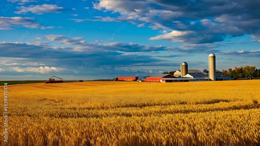 Fototapeta premium Golden wheat field and farm under blue cloudy sky