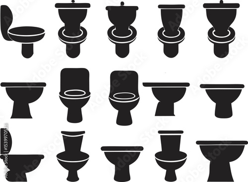 This collection of black and white images depicts various styles of toilet/commodes with multiple drawers and decorative elements.