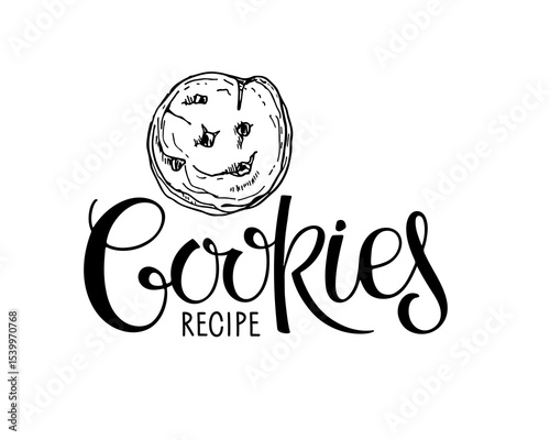 Cookies Recipe lettering with hand drawn Cookie sketch isolated on white. Typography poster for kitchen art, menu, shop, cafe, recipe books, Baking cookbook. Hand written brush calligraphy quote