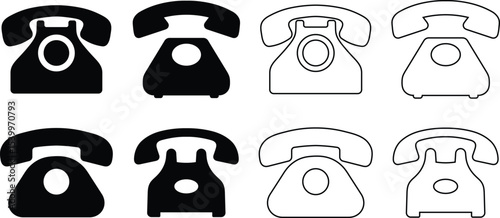 Eight retro telephone icons in different styles representing communication and conversation