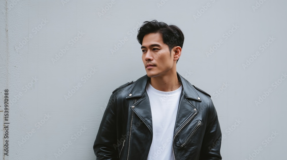 Fototapeta premium Young man in a leather jacket poses confidently against a textured gray wall in an urban setting during daytime