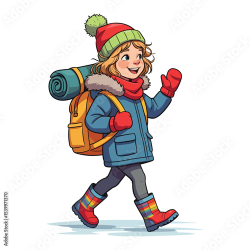Cute Backpacker Prepared for Cold Weather Adventure in winter and christmas season
