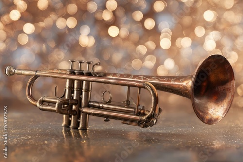 Polished Brass Trumpet on Wooden Surface with Bokeh Background