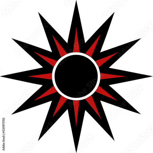 A traditional sun design with angular, spiked rays radiating from a solid black core.