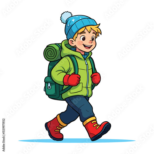 Cute Backpacker Prepared for Cold Weather Adventure in winter and christmas season