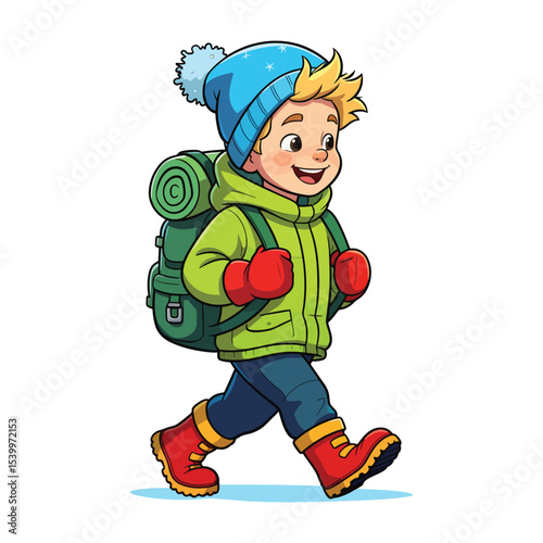 Cute Backpacker Prepared for Cold Weather Adventure in winter and christmas season