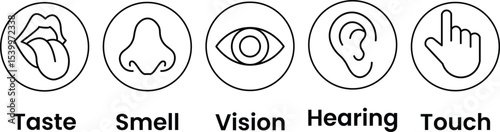 Human senses icon set. Vision eye, smell nose, hearing ear, touch hand, taste mouth with tongue. Simple line icons and black circle. Five senses of human nervous system. Vector illustration.	