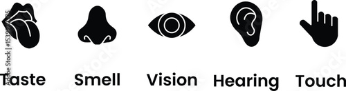 Human senses icon set. Vision eye, smell nose, hearing ear, touch hand, taste mouth with tongue. Simple line icons and black circle. Five senses of human nervous system. Vector illustration.	