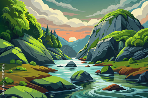moss-covered rocks in a peaceful mountain stream with clear flowing water vector perfect for nature, tranquility, or landscape illustration themes