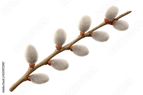 Realistic 3d rendering of a pussy willow branch with fluffy buds, isolated on a transparent background, perfect for spring designs