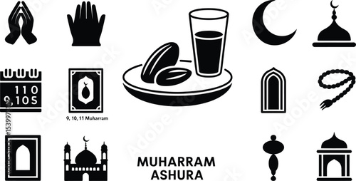 Black silhouette icon set for Day of Ashura / Muharram. Solid black vector pictograms featuring Islamic crescent moon, mosque dome, prayer beads (Tasbeeh), lantern, symbolic hands raised in prayer, da