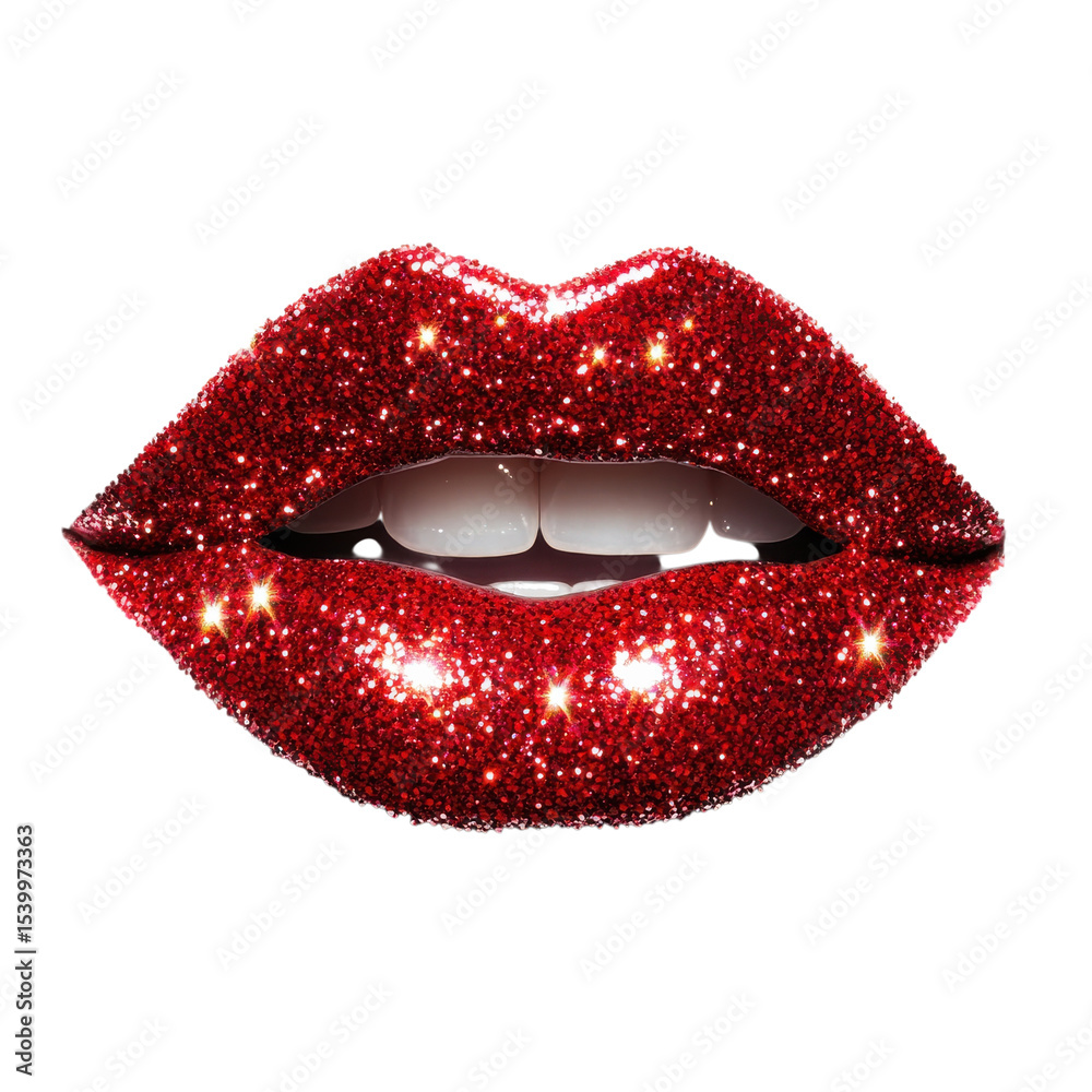 Fototapeta premium Red glittery lips open on transparent background.