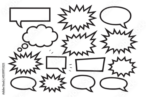 Collection of comic speech bubbles, burst shapes, thought clouds, and action lines in black and white, ideal for creative communication and design