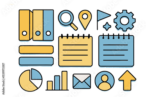 Vector icons featuring office and business symbols in yellow and blue, including folders, pie chart, magnifying glass, email, user profile, and more